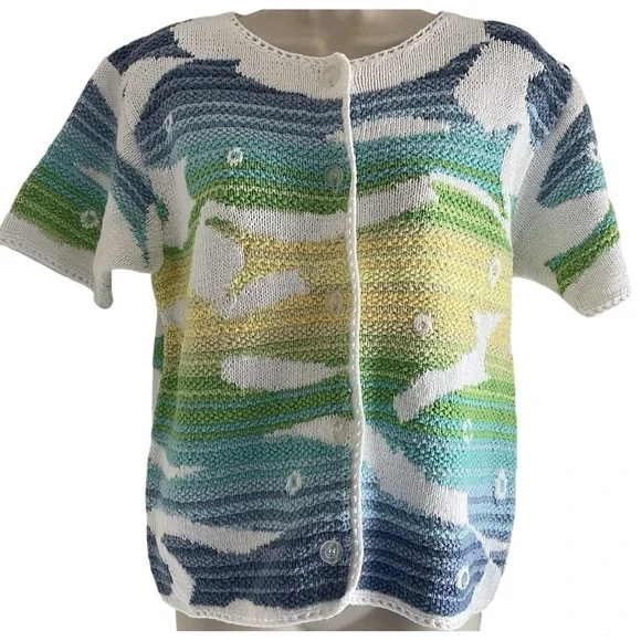 Susan Bristol Hand Knit Fish Cardigan S Coastal Beach Short Sleeve - Picture 1 of 8